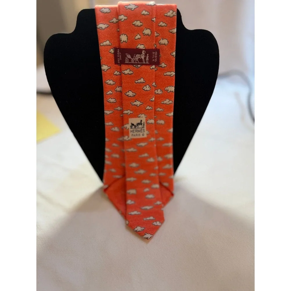 Hermes Silk Tie Mens OS Orange Pristine Cloud Rabbit Pattern